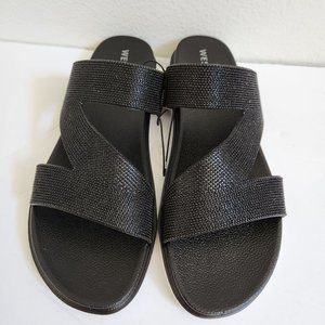 West Loop Women's Casual Slip-on Glitter Slide Sandals, Black